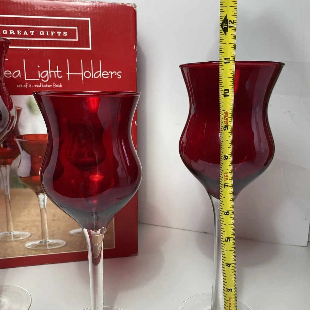 VTG Glass Tea, Light Holders Set Of 3 Red‎ Luster Finish RubyRed Christmas Decor